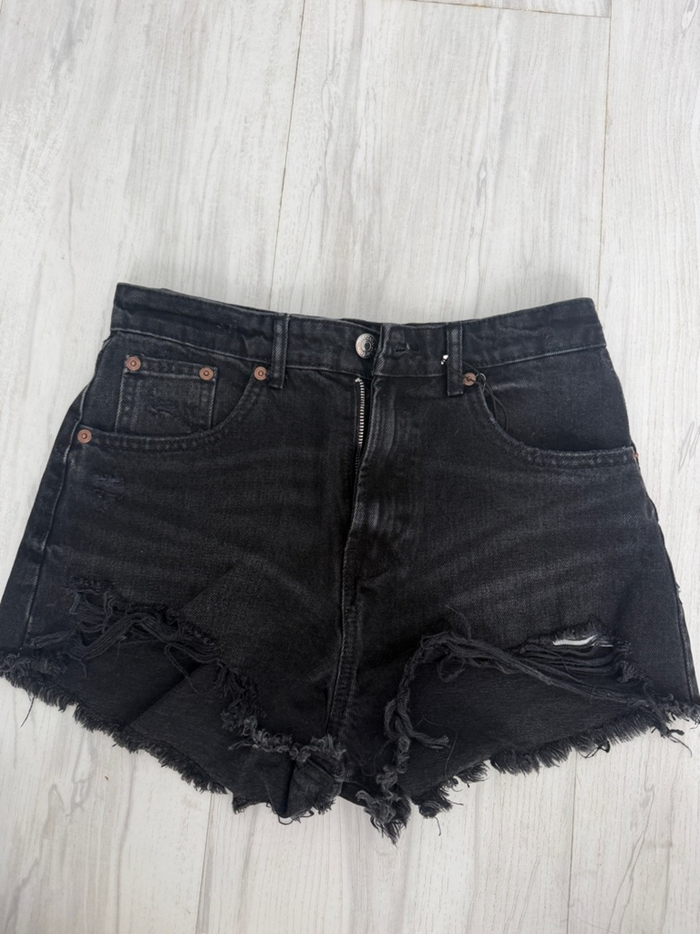Zara Black Distressed Frayed Denim Shorts